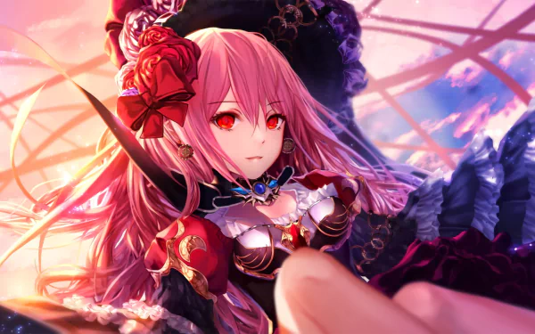 HD desktop wallpaper featuring an anime girl with long pink hair and red eyes, adorned in elegant attire with red and black tones, against a colorful, ethereal background.