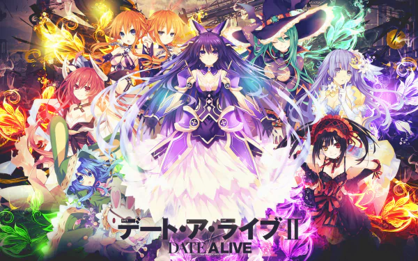 HD desktop wallpaper from the anime Date A Live, featuring Yoshino, Tohka Yatogami, Yuzuru Yamai, Kaguya Yamai, Kurumi Tokisaki, Natsumi, Miku Izayoi, and Kotori Itsuka with vibrant, colorful backgrounds.