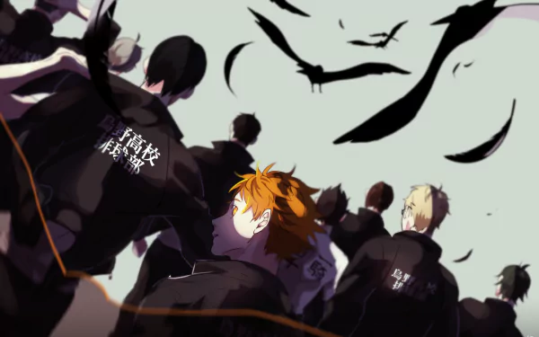 HD desktop wallpaper featuring characters Wakatoshi Uhijima, Tetsurō Kuroo, Tōru Oikawa, Tadashi Yamaguchi, and others from the anime Haikyū!!. The characters are seen from behind, looking towards birds in the sky.