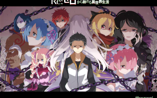 HD desktop wallpaper featuring characters from the anime Re:Zero - Starting Life in Another World, showcasing a central protagonist surrounded by other key characters against a chained background.