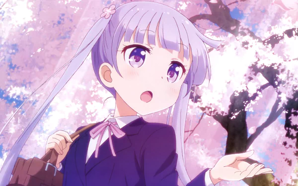 Aoba Suzukaze stands amidst cherry blossoms in this vibrant HD wallpaper from the anime New Game!, capturing her spirited expression and enchanting surroundings.