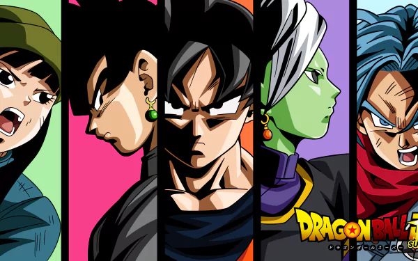 HD desktop wallpaper featuring characters from Dragon Ball Super: Mai, Black Goku, Goku, Zamasu, and Trunks. The image showcases vibrant colors and intense expressions, with the Dragon Ball Super logo visible.