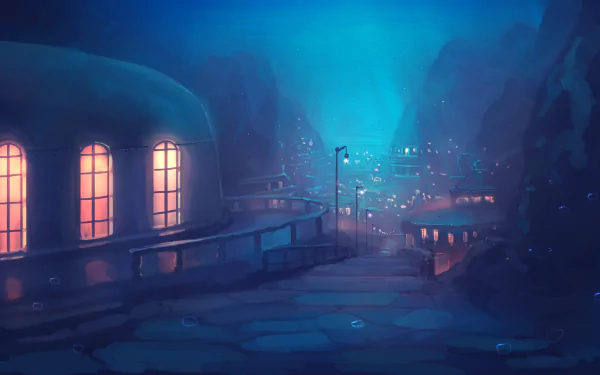 A tranquil anime-inspired HD desktop wallpaper depicting a serene, illuminated village at dusk, surrounded by rocky cliffs and a deep blue atmosphere.