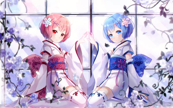 Anime HD wallpaper featuring Rem and Ram from Re:Zero - Starting Life in Another World, adorned in traditional outfits with blue and pink hair. The serene setting includes a background of flowers and a window.