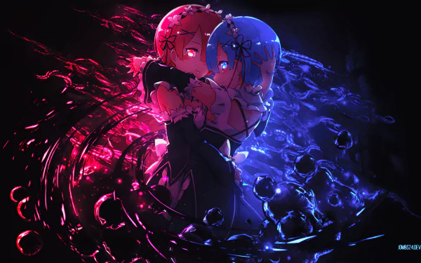 HD wallpaper features Ram and Rem from Re:ZERO in a dramatic embrace, showcasing vibrant colors and intricate details.