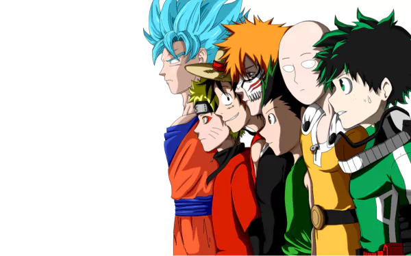 HD desktop wallpaper featuring an anime crossover with characters from various series standing in a row, including Goku, Naruto, Ichigo, and others against a white background.