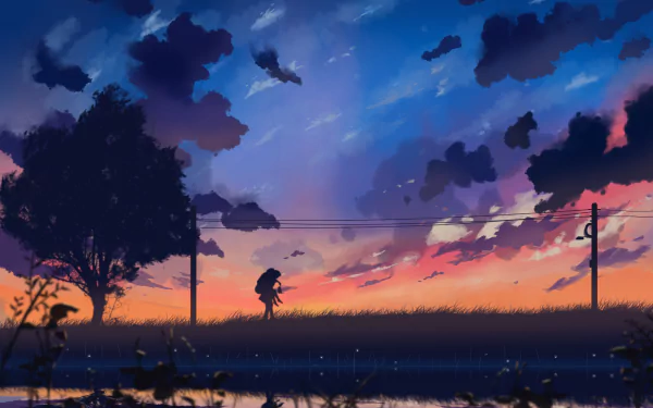 A vibrant anime-inspired HD desktop wallpaper featuring a silhouette of a person with an umbrella against a stunning sunset, framed by dramatic clouds and serene landscapes.