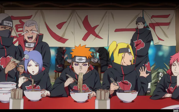 HD desktop wallpaper featuring characters like Naruto Uzumaki, Pain, Itachi Uchiha, and other Akatsuki members from Naruto, enjoying ramen in an anime-styled setting.