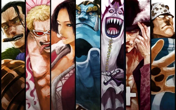 HD wallpaper of Shichibukai characters from One Piece: Bartholomew Kuma, Dracule Mihawk, Gekko Moriah, Jinbe, Boa Hancock, Donquixote Doflamingo, and Crocodile, in a vibrant and detailed anime style.