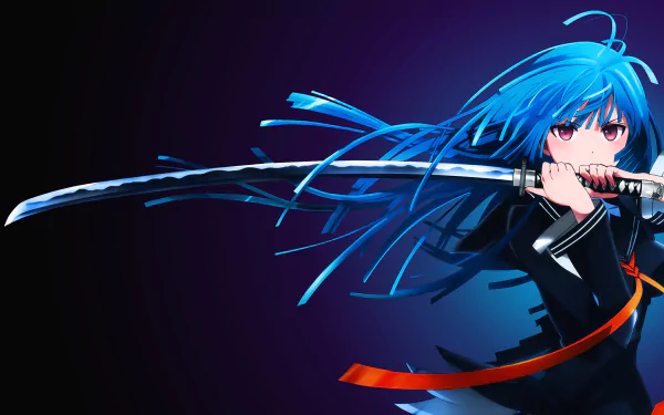 HD wallpaper featuring Kisara Tendo from Black Bullet anime, holding a sword with flowing blue hair and a determined expression against a dark gradient background.