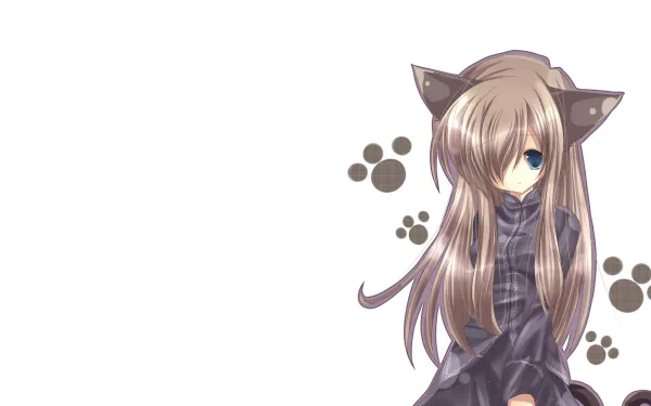 An HD wallpaper featuring an anime girl with long brown hair and cat ears, set against a minimalistic background with paw prints.
