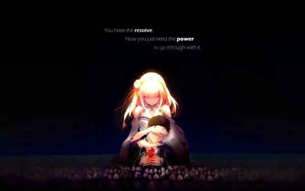 A serene scene featuring Subaru Natsuki and Emilia from *Re:Zero - Starting Life in Another World*, showcasing a moment of support and determination in vibrant 8K Ultra HD detail.