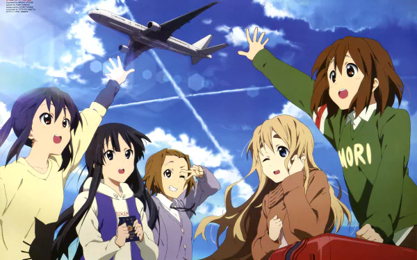 A vibrant HD wallpaper featuring the characters Azusa Nakano, Tsumugi Kotobuki, Ritsu Tainaka, Yui Hirasawa, and Mio Akiyama from the anime K-ON!, waving cheerfully under a clear blue sky.