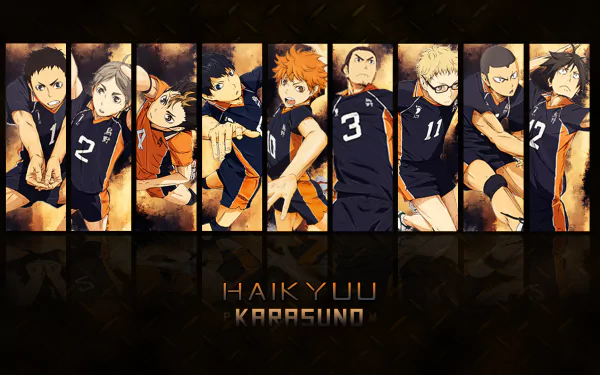 A vibrant HD desktop wallpaper featuring characters from the anime Haikyū!!, showcasing the Karasuno volleyball team in dynamic poses against an orange and black background.