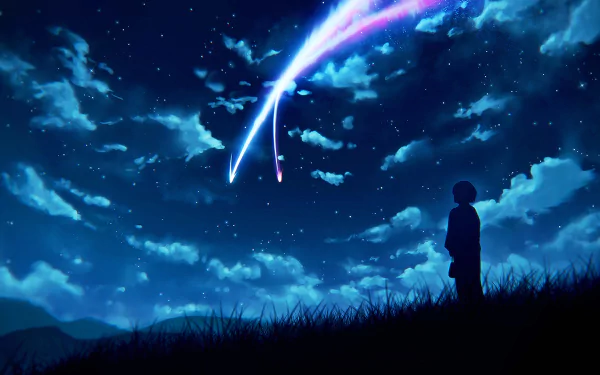 A silhouette of Mitsuha Miyamizu from Your Name. gazing at a comet streaking through a night sky, set against a backdrop of clouds and stars. HD anime desktop wallpaper.