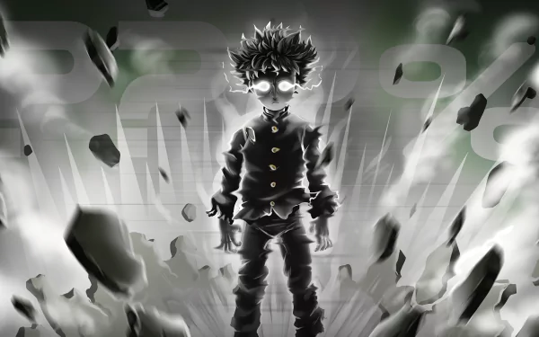 HD wallpaper featuring Shigeo Kageyama from the anime Mob Psycho 100, surrounded by floating debris and emitting a powerful aura with the numbers 99% in the background.