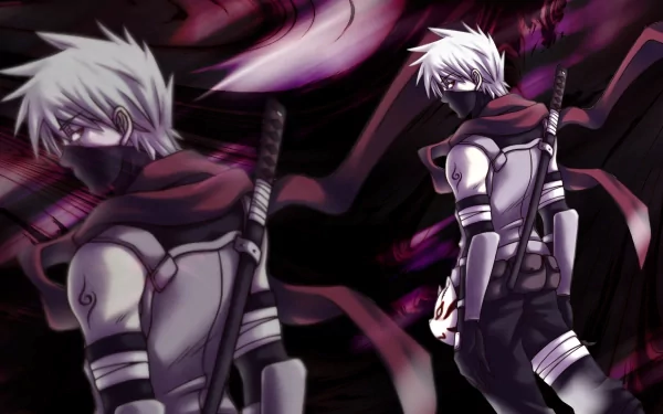 HD desktop wallpaper featuring Kakashi Hatake from the anime Naruto, showcasing two dynamic poses against a dark, vivid background.