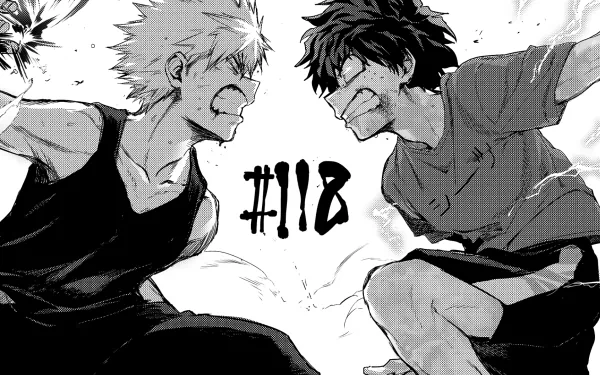 HD desktop wallpaper featuring Izuku Midoriya and Katsuki Bakugou from My Hero Academia in an intense standoff, with the number 118 between them in bold.