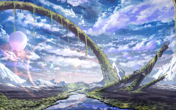 A scenic anime landscape with a river reflecting the sky, clouds, and mountains, featuring a hot air balloon and a large, moss-covered arch. This HD desktop wallpaper offers a serene, picturesque view.
