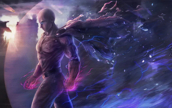 HD wallpaper of Saitama from One-Punch Man with glowing white eyes, a tattered cape, and lightning effects. The anime character is depicted with a serious expression, glowing hands, and a dynamic, powerful aura.