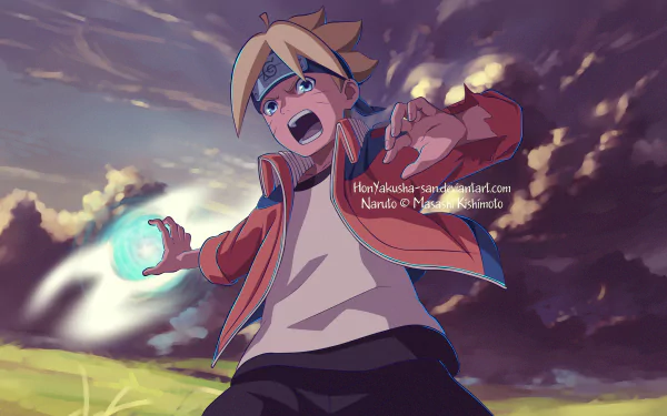 4K Ultra HD anime wallpaper featuring Boruto in an intense action pose, set against a dramatic, stormy sky background.
