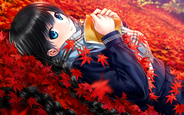 Anime original illustration of a girl with long black hair and blue eyes, lying on vibrant red autumn leaves, holding a book. HD desktop wallpaper and background.