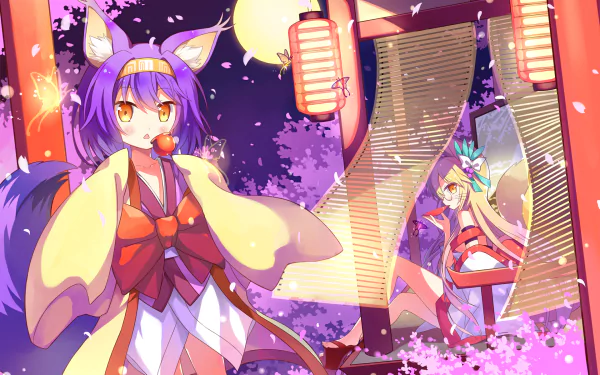 An HD desktop wallpaper of Izuna Hatsuse from No Game No Life. She wears a kimono and has animal ears, surrounded by cherry blossoms and lanterns in a vibrant, colorful anime scene.