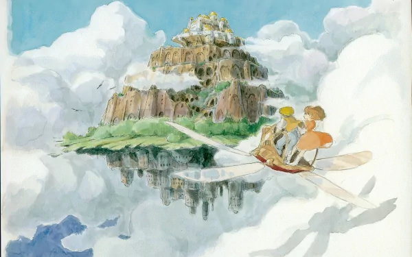 A vibrant HD drawing from Studio Ghibli's Laputa: Castle in the Sky, featuring characters flying over a lush landscape with a floating castle amidst fluffy clouds.