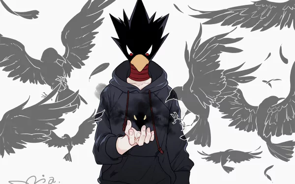 HD desktop wallpaper featuring Fumikage Tokoyami from My Hero Academia. Tokoyami is depicted holding Dark Shadow, surrounded by silhouettes of birds.