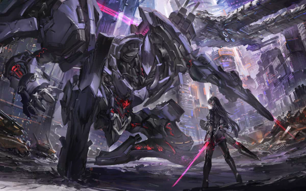 Sci-Fi anime theme HD wallpaper featuring a female warrior with a blade and robots amid urban ruins.