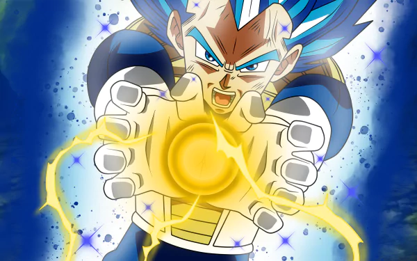 HD desktop wallpaper of Vegeta from Dragon Ball Super, showcasing him in an intense battle stance with glowing energy in his hands. The background is a vibrant mix of blue and yellow colors.