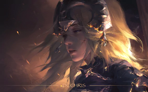 HD desktop wallpaper featuring Jeanne d'Arc from Fate/Grand Order in a serene, contemplative pose, detailed with radiant lighting and intricate armor design.