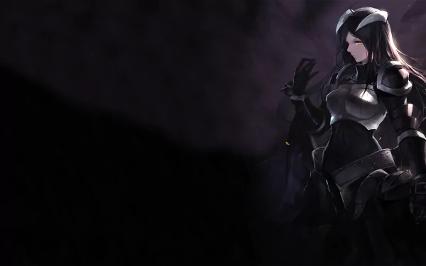 HD desktop wallpaper featuring Albedo from the anime Overlord, depicted in a dark and mysterious setting, wearing her black and white armor.