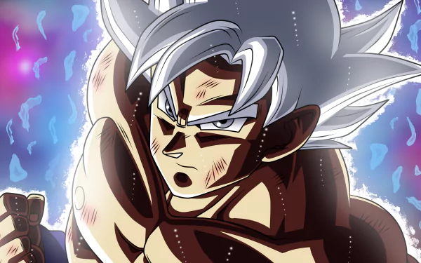 HD desktop wallpaper featuring Ultra Instinct Goku from Dragon Ball Super anime, showcasing his intense expression with a vibrant, colorful background.
