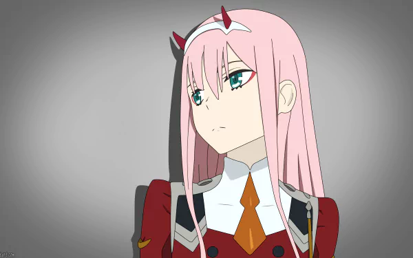 HD desktop wallpaper featuring Zero Two from the anime Darling in the FranXX, depicted with her signature pink hair, wearing her red uniform, and looking to the side against a neutral background.