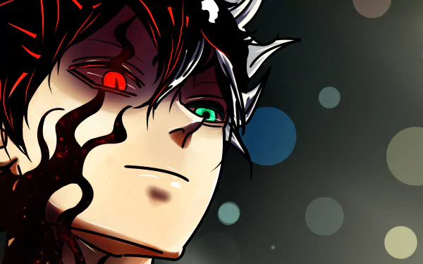 A high-definition desktop wallpaper featuring Asta from the anime Black Clover, showcasing his intense two-colored eyes and dark aura against a blurred background with circular light patterns.