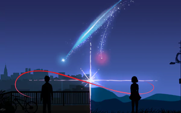 HD desktop wallpaper featuring Taki Tachibana and Mitsuha Miyamizu from Your Name. against a night sky backdrop with meteor streaks and a glowing connection ribbon between them.
