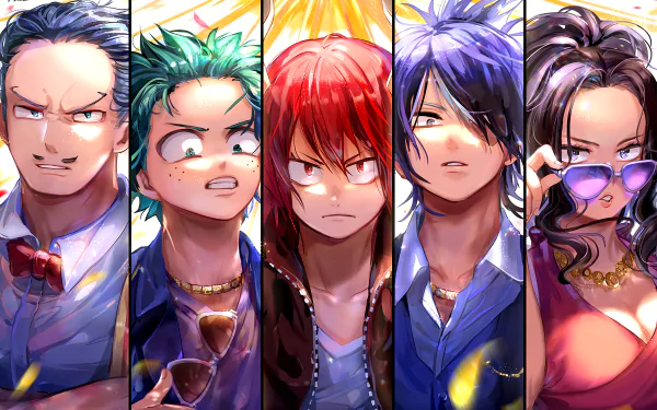 HD desktop wallpaper featuring Shoto Todoroki, Eijiro Kirishima, Momo Yaoyorozu, Tenya Iida, and Izuku Midoriya from the anime My Hero Academia, showcasing vibrant and dynamic character art.