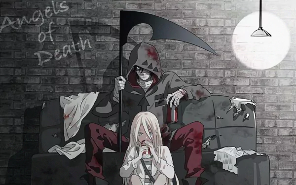 Angels of Death HD wallpaper features Rachel Gardner with blonde hair sitting in front of Zack, who has black hair and holds a scythe, set against a dimly lit, worn-out brick wall background.