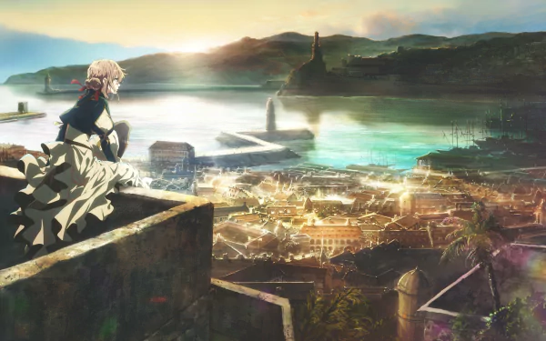 Violet Evergarden stands overlooking a picturesque city and lake at sunset, wearing a dress and skirt. This anime scene is a HD desktop wallpaper.