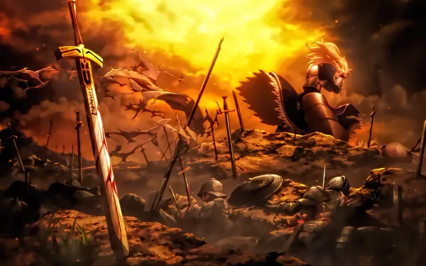A dramatic HD wallpaper of Saber from Fate/Stay Night: Unlimited Blade Works. The scene features Excalibur amidst a battlefield with blonde Saber standing in the background as the sun sets.