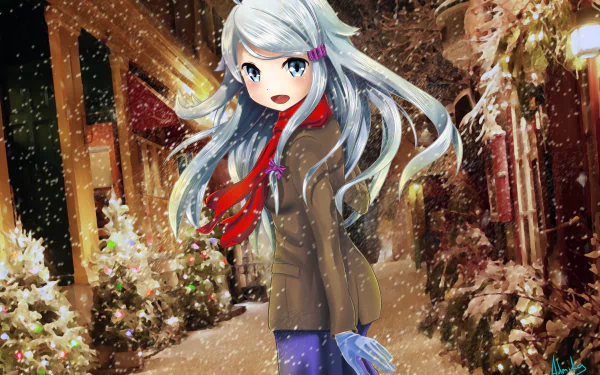 Anime character Nayuta Kani from Imouto sae Ireba Ii. is featured in a snowy Christmas scene wearing a coat, gloves, and a scarf. She has white hair, gray eyes, and stands in a festive, decorated alley.