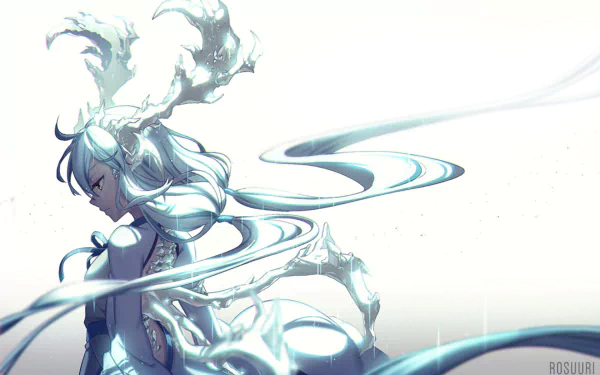 Anime girl with long white hair and horns, surrounded by swirling patterns, in a monochrome HD desktop wallpaper.