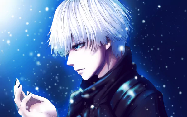 HD desktop wallpaper featuring Ken Kaneki from Tokyo Ghoul √A, with white hair and blue eyes, surrounded by snowfall against a dark blue background.