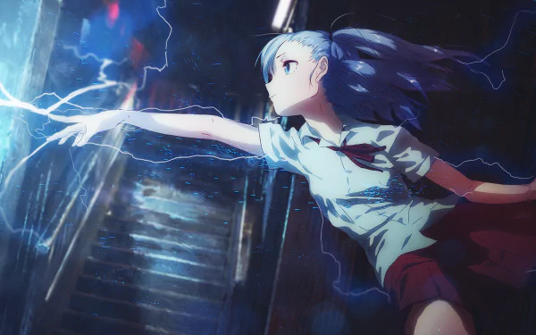 HD anime wallpaper featuring a girl with long blue hair reaching for a glowing, ethereal anomaly in a dark, rainy setting.