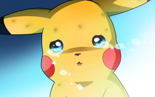 A close-up of a sad Pikachu with tears, rendered in 4K Ultra HD anime style for a vibrant Pokemon desktop wallpaper.