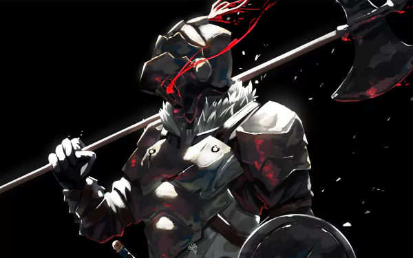 Anime character Goblin Slayer in armor and helmet, holding a bloodied axe, HD desktop wallpaper and background.