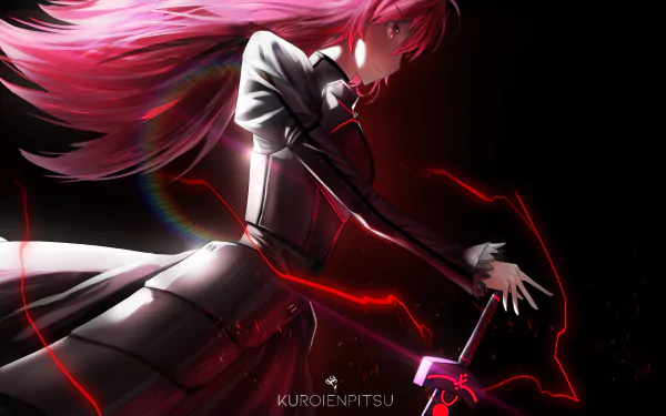 HD desktop wallpaper featuring the character Saber from the Fate/Series and Fate/Grand Order. Saber is depicted with flowing red hair and a dynamic pose holding a glowing sword with a dark background.