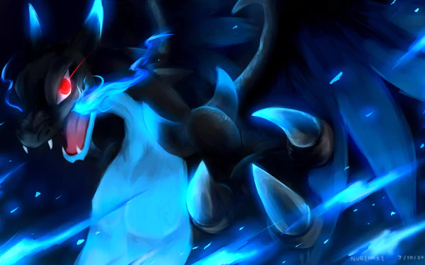 HD anime desktop wallpaper featuring Charizard from Pokémon, depicted with glowing blue flames and intense red eyes against a dark, dynamic background.