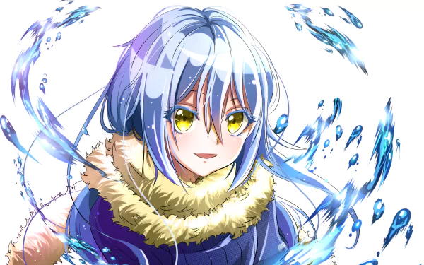 HD desktop wallpaper featuring Rimuru Tempest from That Time I Got Reincarnated as a Slime. Rimuru is depicted with blue hair, yellow eyes, and a furry collar, surrounded by artistic water splashes.